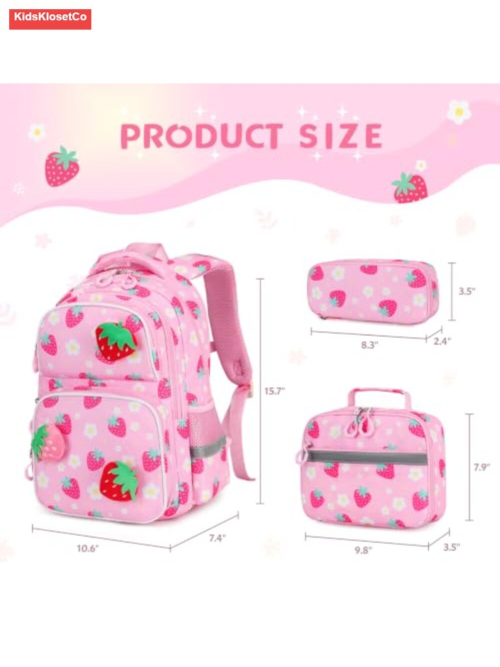 3D Plush Strawberry Backpack Set with Lunch Box & Pencil Case for Girls School - Picture 2 of 5